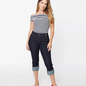Hell Bunny High Waist Dark Denim Capri Pants- medium